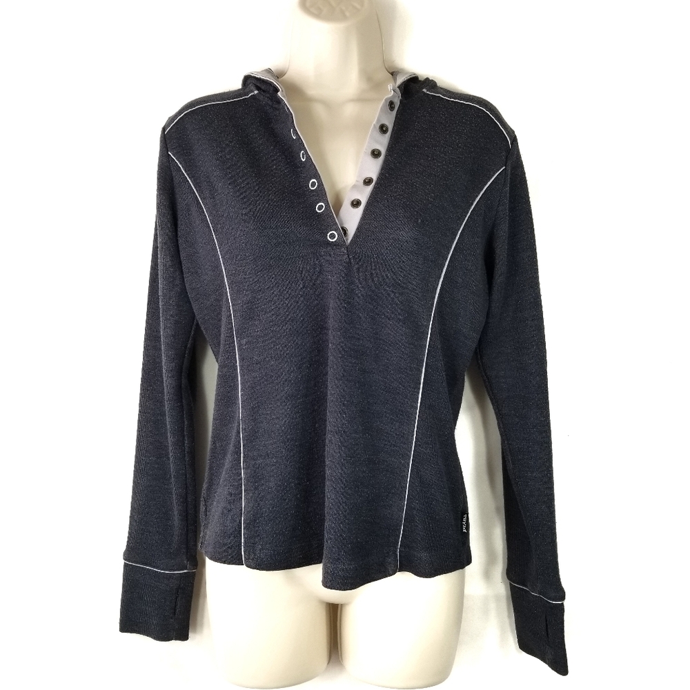 Women Prana Wool Blend 1/4 Snap Pullover Hoodie Top Thumbholes Gray Grey Small S
